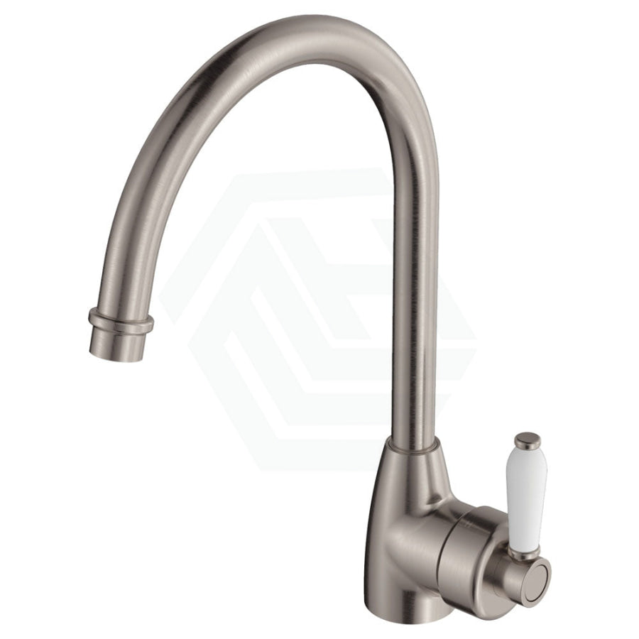 N#1(Nickel) Fienza Eleanor Gooseneck Sink Mixer Brushed Nickel/Multi-Colour White Ceramic Swivel