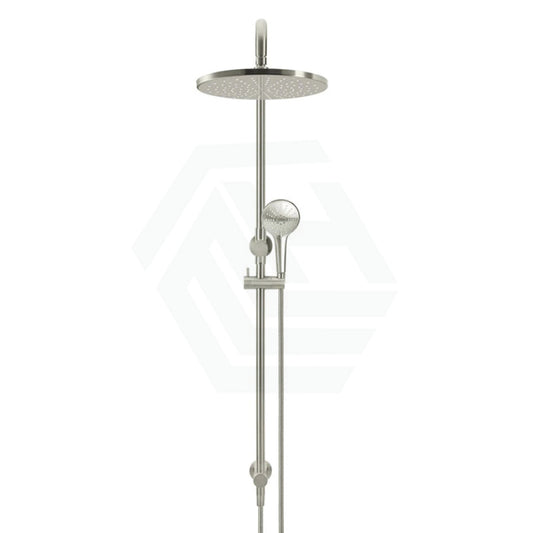 Meir 300Mm Round Pvd Brushed Nickel Twin Shower Station Universal Water Inlet 3 Functions Handheld