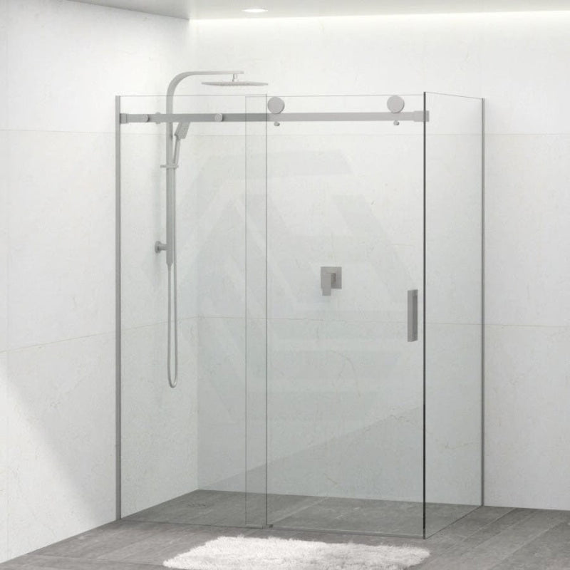 Tempered Glass Frameless L Shape Shower Screen Sliding Square Handle Brushed Nickel