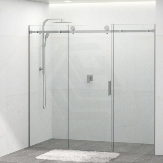 Tempered Glass Sliding Shower Screen 3 Panels Frameless Wall To Wall Brushed Nickel