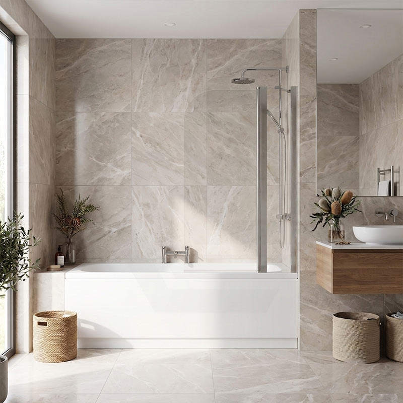 Double Panel Swivel Bathtub Screen Curved Corner 6mm Tempered Glass 1000/1200x1500mm - Chrome/Matt Black Fittings