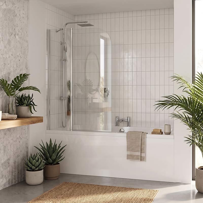 Double Panel Swivel Bathtub Screen Curved Corner 6mm Tempered Glass 1000/1200x1500mm - Chrome/Matt Black Fittings