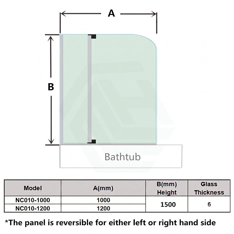 Double Panel Swivel Bathtub Screen Curved Corner 6mm Tempered Glass 1000/1200x1500mm - Chrome/Matt Black Fittings