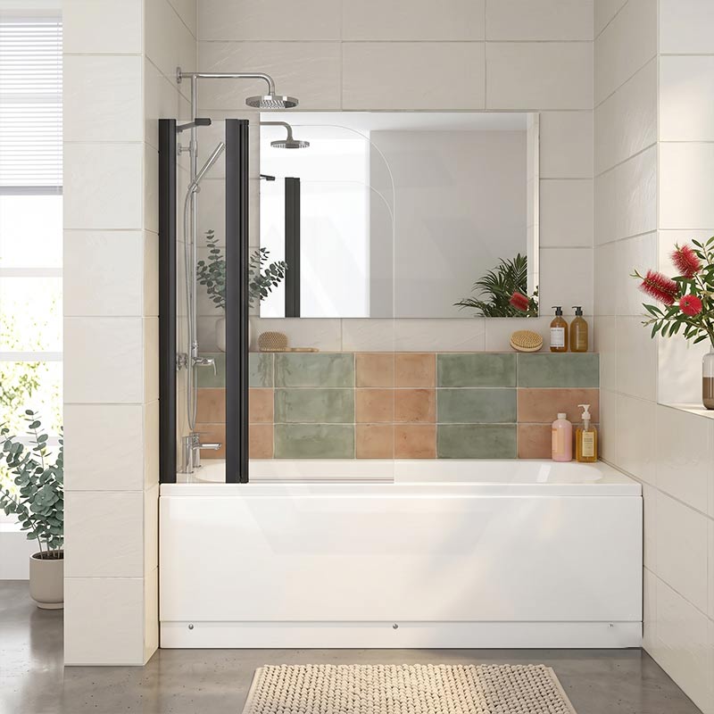 Double Panel Swivel Bathtub Screen Curved Corner 6mm Tempered Glass 1000/1200x1500mm - Chrome/Matt Black Fittings