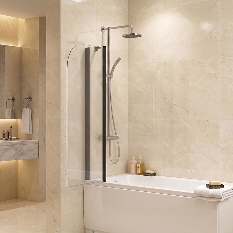 Double Panel Swivel Bathtub Screen Curved Corner 6mm Tempered Glass 1000/1200x1500mm - Chrome/Matt Black Fittings