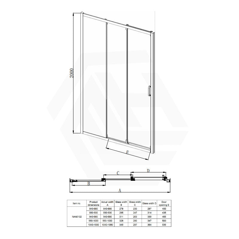 Wall to Wall Semi-Frameless Sliding Shower Screen 3 Panels Doors 6mm Glass 840-1030x2000mm - Chrome/Matt Black