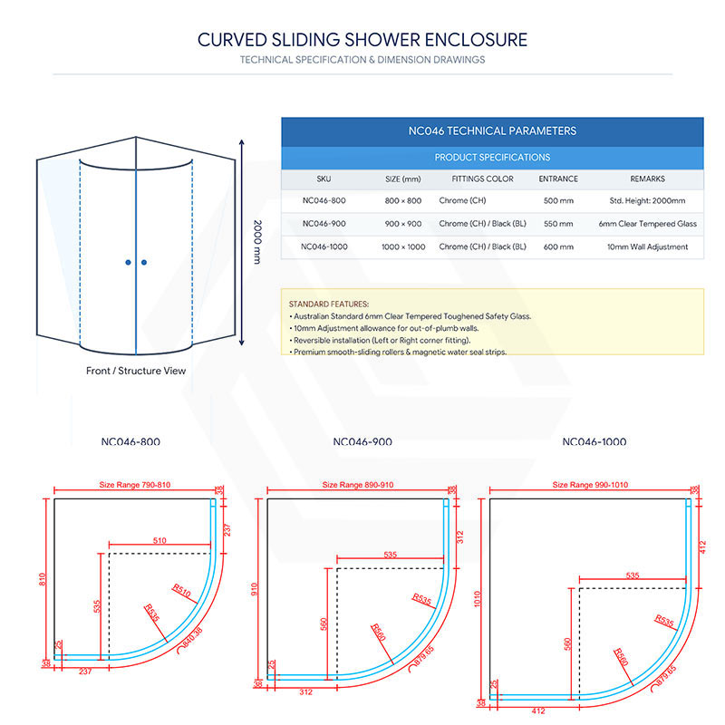 Curved Double Sliding Door Shower Screen 6mm Tempered Glass 800/900/1000mm - Chrome/Matt Black Fittings