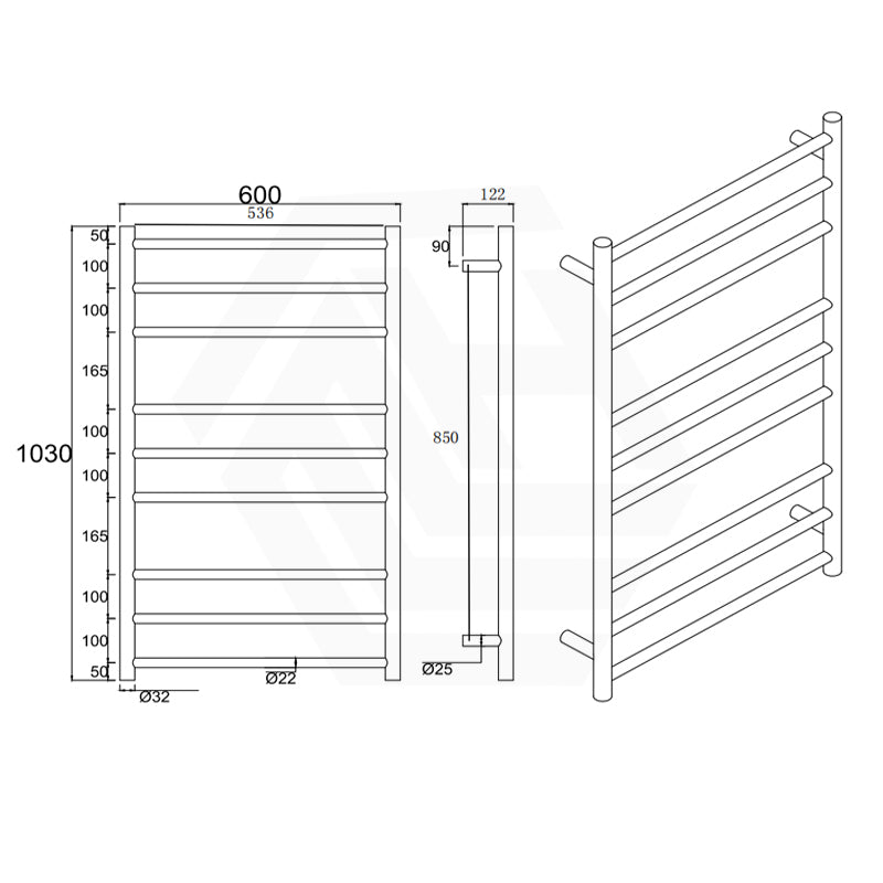 Aquaperla 1030x600x122mm Round Matt Black Electric Heated Towel Rack 9 Bars