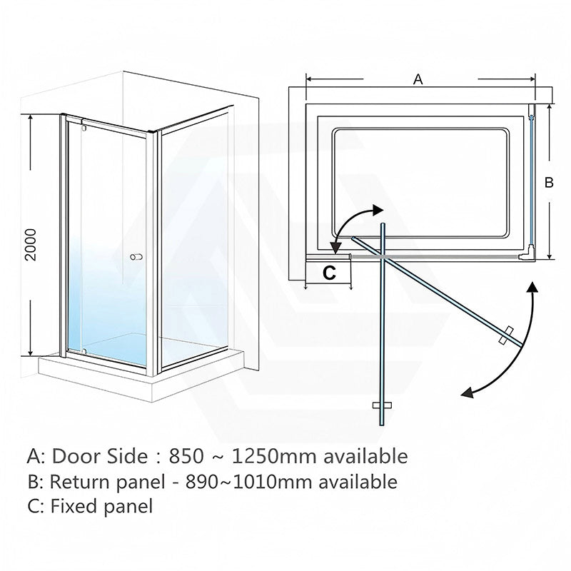 N#1(Nickel) 850-1250x2000mm Semi-frameless L Shape Shower Screen Pivot Door with Return Panel Brushed Nickel Fittings