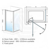 N#1(Nickel) 850-1250x2000mm Semi-frameless L Shape Shower Screen Pivot Door with Return Panel Brushed Nickel Fittings