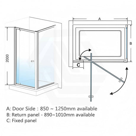 M#1(Gunmetal Grey) 850-1250x2000mm Semi-frameless L Shape Shower Screen Pivot Door with Return Panel Gunmetal Grey Fittings