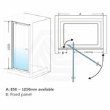 850-1250x2000mm Semi-frameless Shower Screen Pivot Door Wall to Wall Variant Colour Fittings 6mm Glass