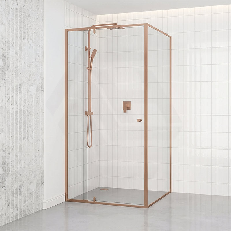 Semi-frameless Square Shower Screen Pivot Door 850-1250x2000mm with Knot Handle & Return Panel - Brushed Bronze Fittings