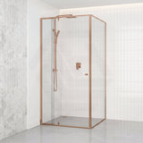 Semi-frameless Square Shower Screen Pivot Door 850-1250x2000mm with Knot Handle & Return Panel - Brushed Bronze Fittings