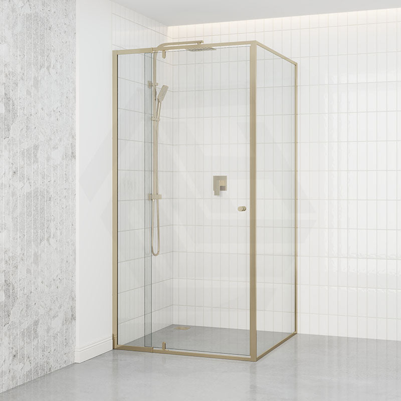 G#9(Gold) Semi-frameless Square Shower Screen Pivot Door 850-1250x2000mm with Knot Handle & Return Panel Elegant Light Gold Fittings