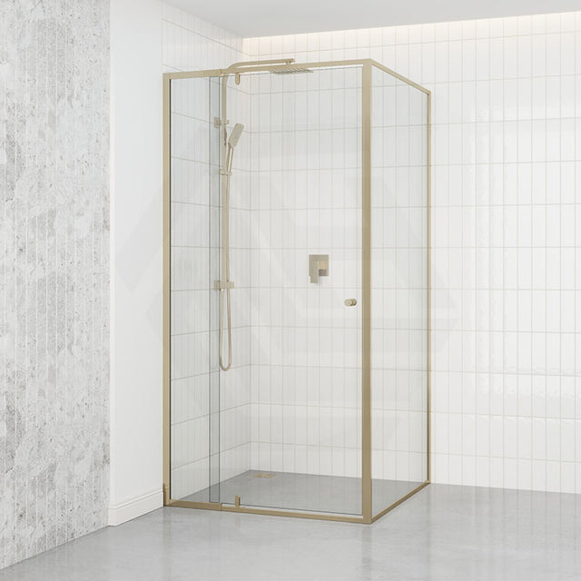 G#9(Gold) Semi-frameless Square Shower Screen Pivot Door 850-1250x2000mm with Knot Handle & Return Panel Elegant Light Gold Fittings