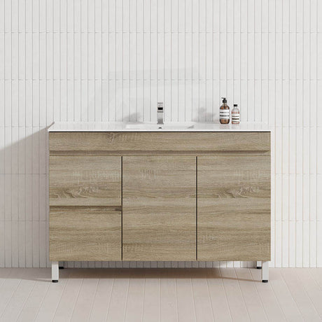 600-1500mm Berge Freestanding Bathroom Floor Vanity White Oak Wood Grain PVC Filmed Cabinet ONLY & Ceramic/Poly Top Available