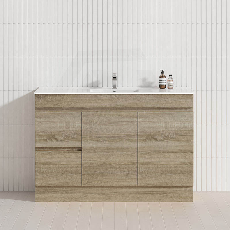 600-1500mm Berge Freestanding Bathroom Floor Vanity with Kickboard White Oak Wood Grain PVC Filmed Cabinet ONLY & Ceramic/Poly Top Available