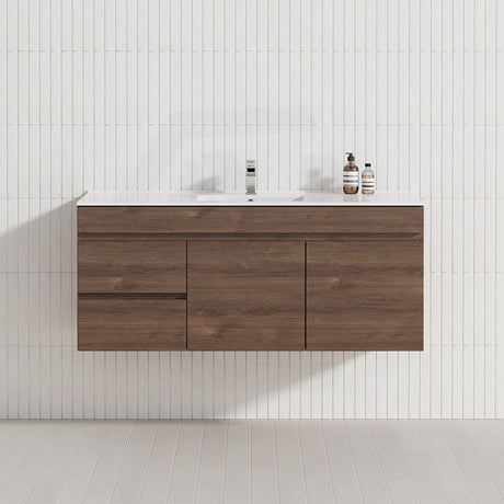 600-1500mm Berge Dark Oak Wall Hung Vanity Wood Grain PVC Filmed Cabinet ONLY & Ceramic/Poly Top Available