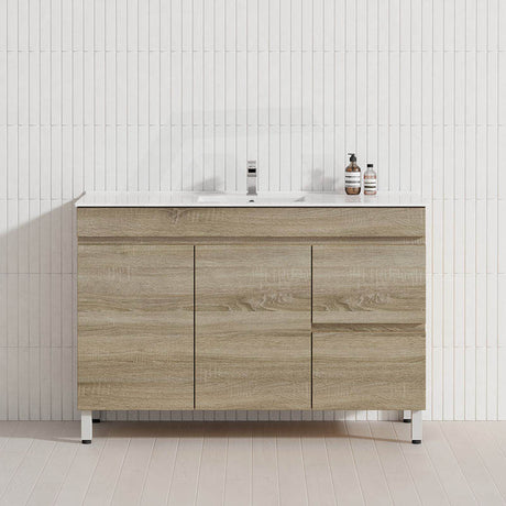 600-1500mm Berge Freestanding Bathroom Floor Vanity White Oak Wood Grain PVC Filmed Cabinet ONLY & Ceramic/Poly Top Available