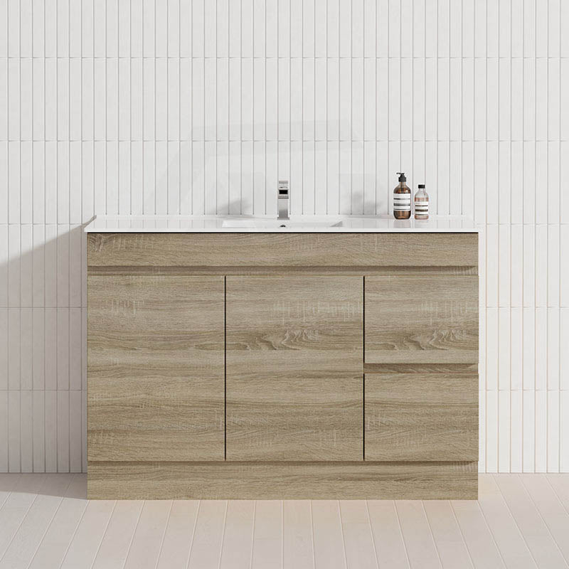 600-1500mm Berge Freestanding Bathroom Floor Vanity with Kickboard White Oak Wood Grain PVC Filmed Cabinet ONLY & Ceramic/Poly Top Available