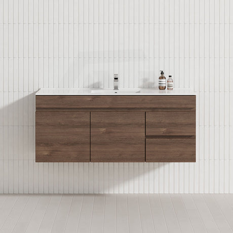 600-1500mm Berge Dark Oak Wall Hung Vanity Wood Grain PVC Filmed Cabinet ONLY & Ceramic/Poly Top Available