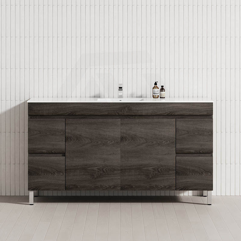 600-1500mm Berge Freestanding Vanity with Legs Dark Grey Wood Grain PVC Filmed Cabinet ONLY & Ceramic / Poly Top Available