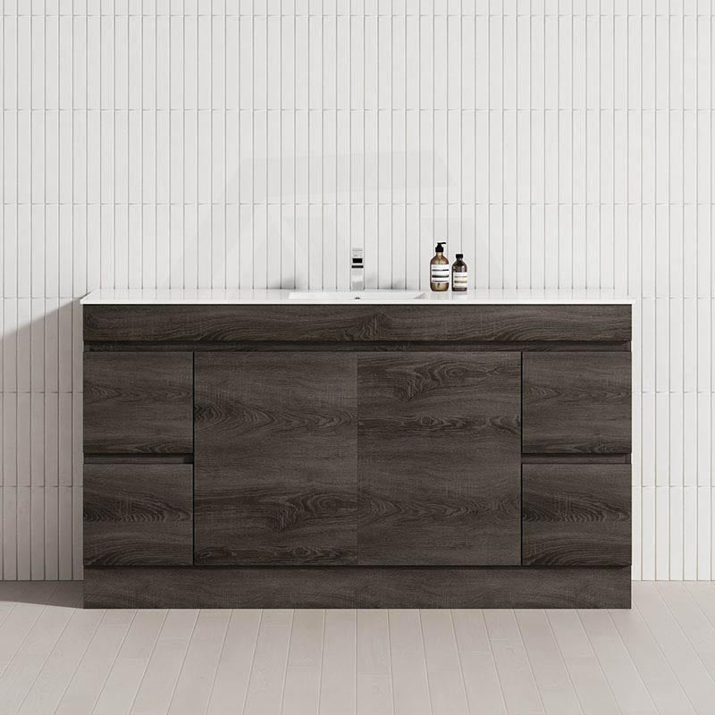 600-1500mm Berge Freestanding Vanity with Kickboard Dark Grey Wood Grain PVC Filmed Cabinet ONLY & Ceramic / Poly Top Available