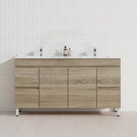 600-1500mm Berge Freestanding Bathroom Floor Vanity White Oak Wood Grain PVC Filmed Cabinet ONLY & Ceramic/Poly Top Available