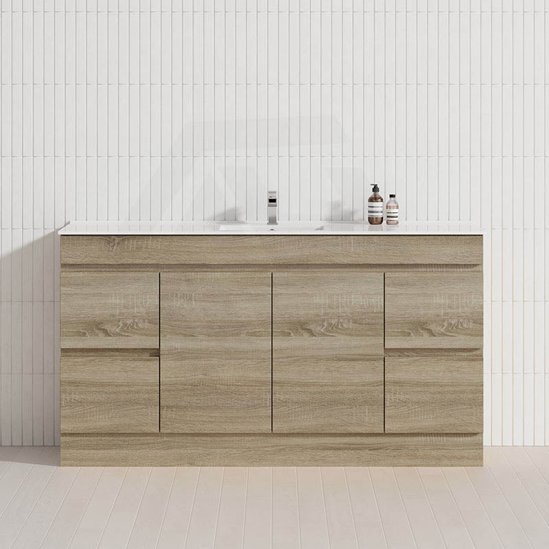 600-1500mm Berge Freestanding Bathroom Floor Vanity with Kickboard White Oak Wood Grain PVC Filmed Cabinet ONLY & Ceramic/Poly Top Available