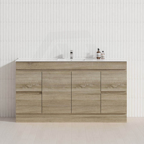 600-1500mm Berge Freestanding Bathroom Floor Vanity with Kickboard White Oak Wood Grain PVC Filmed Cabinet ONLY & Ceramic/Poly Top Available