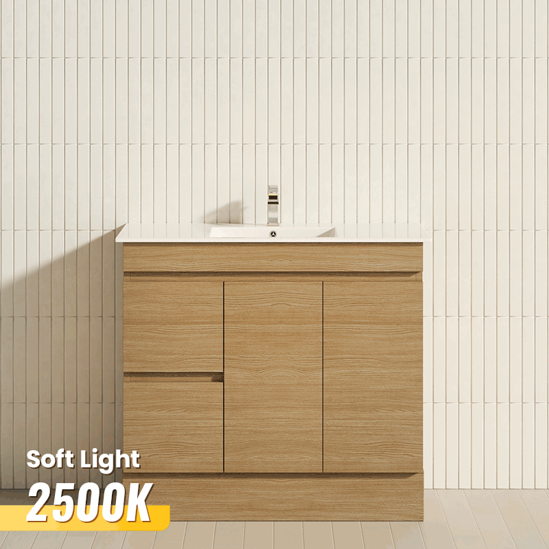 600-1500mm Berge Freestanding Bathroom Floor Vanity with Kickboard White Oak Wood Grain PVC Filmed Cabinet ONLY