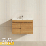 750mm NARROW Berge Wall Hung Bathroom Vanity White Oak Wood Grain PVC Filmed Cabinet ONLY & Ceramic/Poly Top Available