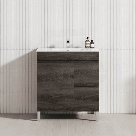 600/700mm NARROW Berge Freestanding Vanity with Legs Dark Grey Wood Grain PVC Filmed Cabinet ONLY & Ceramic / Poly Top Available