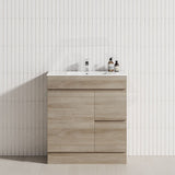 750mm NARROW Berge Freestanding Bathroom Floor Vanity with Kickboard White Oak Wood Grain PVC Filmed Cabinet ONLY & Ceramic/Poly Top Available