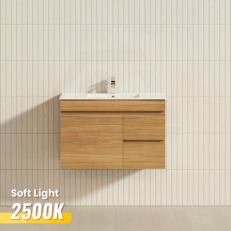 750mm NARROW Berge Wall Hung Bathroom Vanity White Oak Wood Grain PVC Filmed Cabinet ONLY & Ceramic/Poly Top Available
