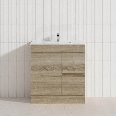 600-1500mm Berge Freestanding Bathroom Floor Vanity with Kickboard White Oak Wood Grain PVC Filmed Cabinet ONLY & Ceramic/Poly Top Available