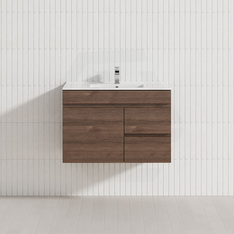 750mm NARROW Berge Wall Hung Bathroom Floating Vanity Dark Oak Wood Grain PVC Filmed Cabinet ONLY & Ceramic/Poly Top Available