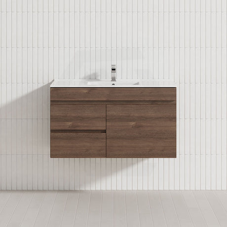 600-1500mm Berge Dark Oak Wall Hung Vanity Wood Grain PVC Filmed Cabinet ONLY & Ceramic/Poly Top Available