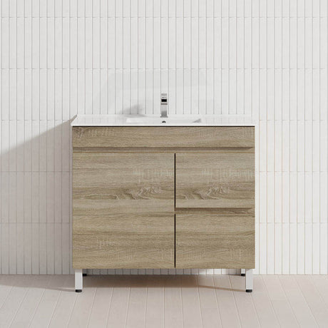 600-1500mm Berge Freestanding Bathroom Floor Vanity White Oak Wood Grain PVC Filmed Cabinet ONLY & Ceramic/Poly Top Available