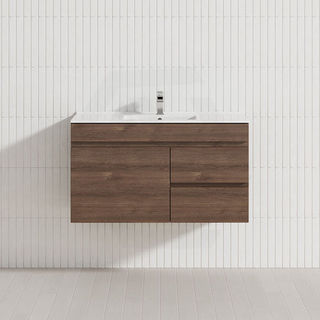 600-1500mm Berge Dark Oak Wall Hung Vanity Wood Grain PVC Filmed Cabinet ONLY & Ceramic/Poly Top Available