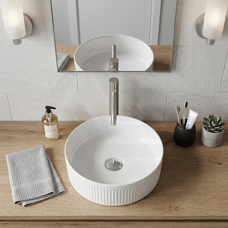 Round Fluted Above Counter Ceramic Basin Ultra Slim 410x410x120mm - In Various Colour