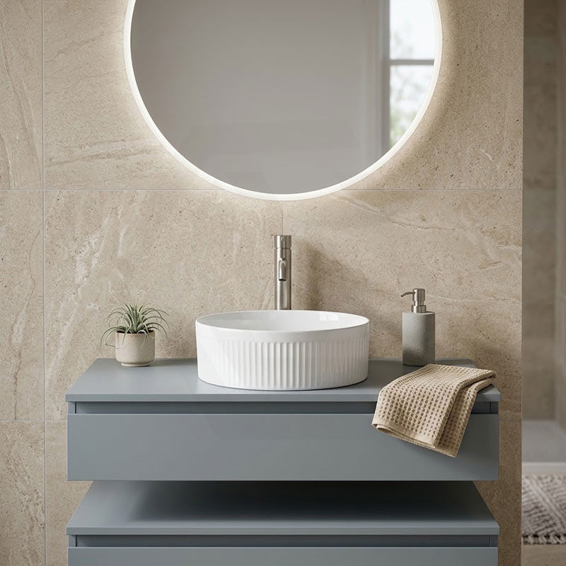 Round Fluted Above Counter Ceramic Basin Ultra Slim 410x410x120mm - In Various Colour