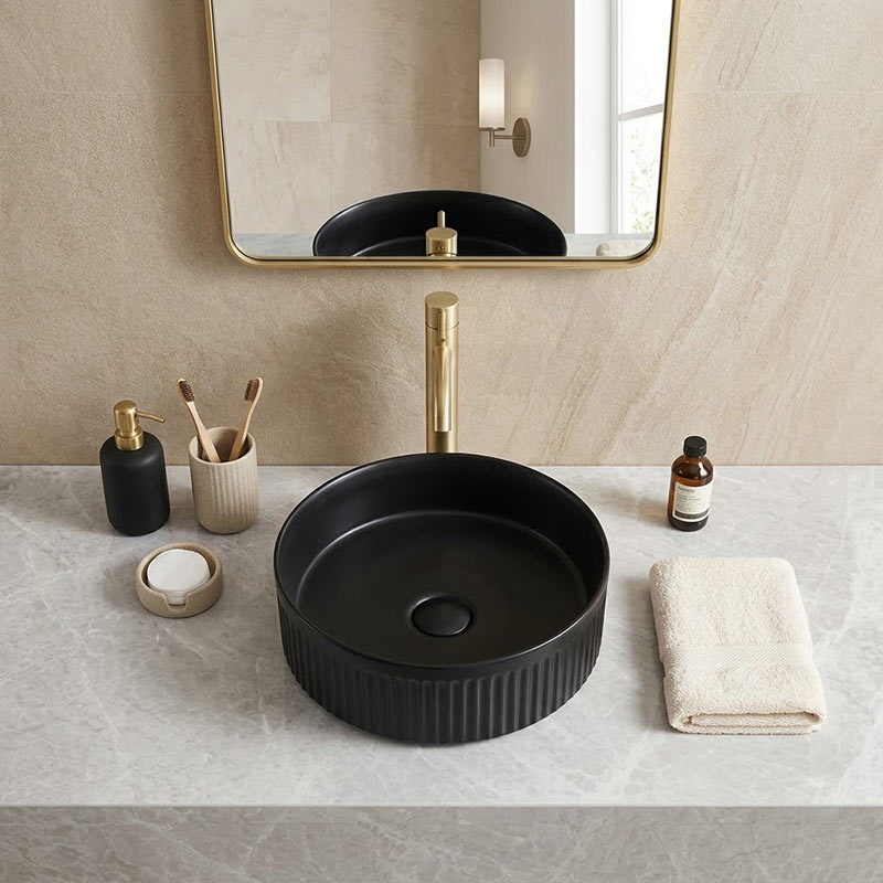 Round Fluted Above Counter Ceramic Basin Ultra Slim 410x410x120mm - In Various Colour