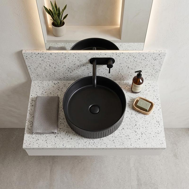 Round Fluted Above Counter Ceramic Basin Ultra Slim 410x410x120mm - In Various Colour
