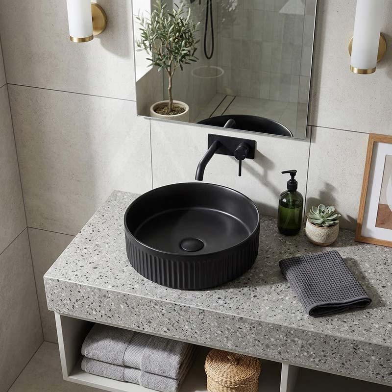 Round Fluted Above Counter Ceramic Basin Ultra Slim 410x410x120mm - In Various Colour