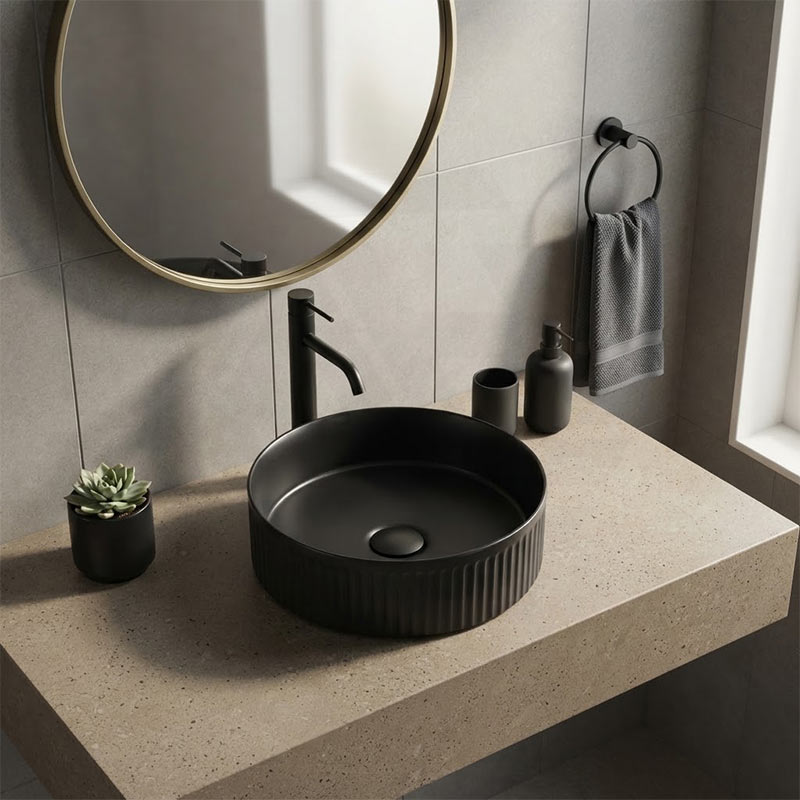 Round Fluted Above Counter Ceramic Basin Ultra Slim 410x410x120mm - In Various Colour