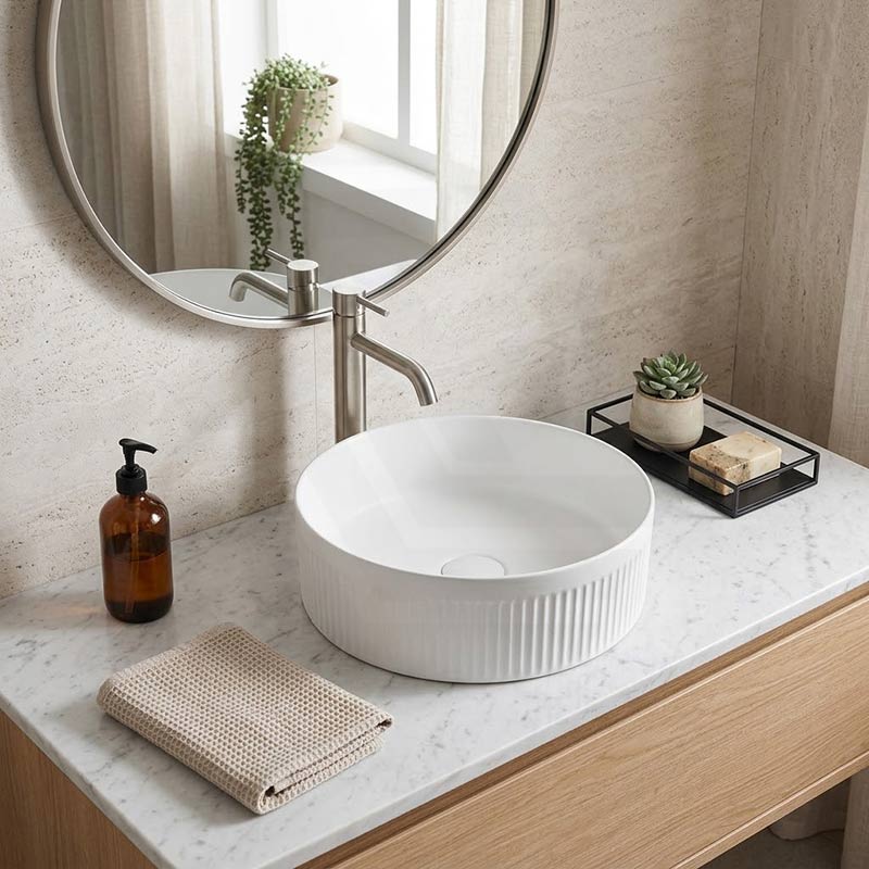 Round Fluted Above Counter Ceramic Basin Ultra Slim 410x410x120mm - In Various Colour