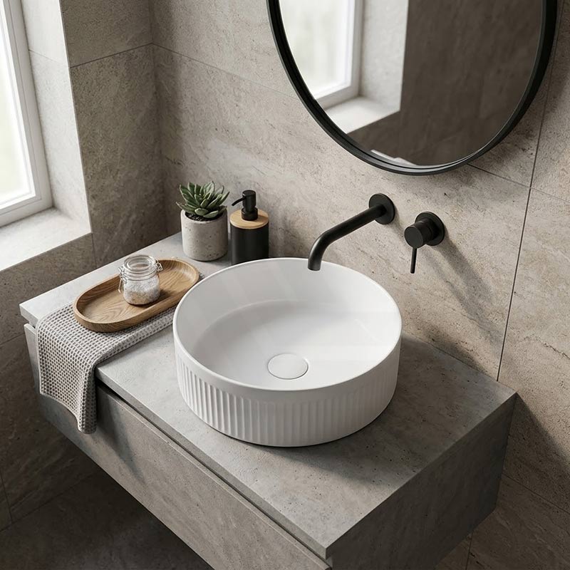 Round Fluted Above Counter Ceramic Basin Ultra Slim 410x410x120mm - In Various Colour