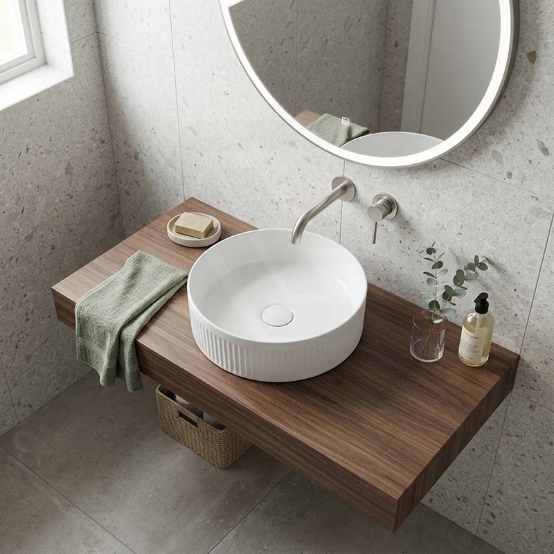 Round Fluted Above Counter Ceramic Basin Ultra Slim 410x410x120mm - In Various Colour